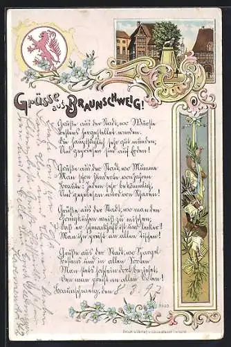 Lithographie Braunschweig, Ortspartie, Wappen