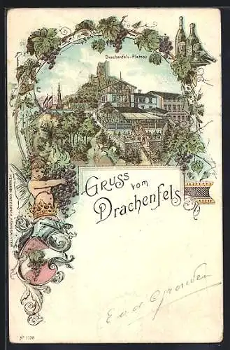 Lithographie Königswinter, Gasthaus zum Drachenfels über dem Rhein