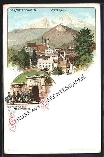 Lithographie Berchtesgaden, Berg Watzmann, Ausfahrt aus dem Ferdinandberg