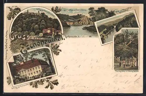 Lithographie Lichtenwalde, Schloss Lichtenwalde mit Mühle, Harrasfelsen, Harras-Eiche