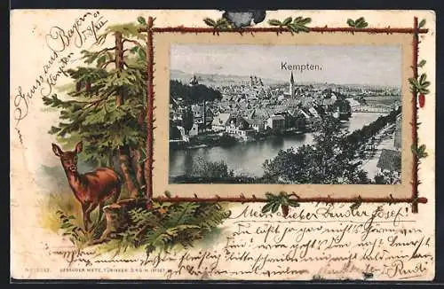 Passepartout-Lithographie Kempten, Ortsansicht aus der Vogelschau und Rahmen mit Reh