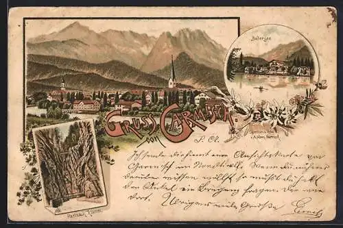 Lithographie Garmisch, Teilansicht, Badersee, Partnachklamm