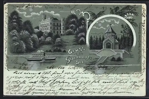 Mondschein-Lithographie Starnberg, Starnberger See, Kgl. Schloss Berg und Gedächtniskapelle F. König Ludwig II.