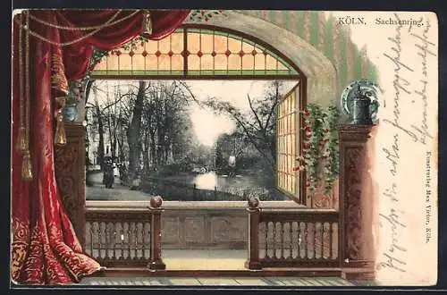 Passepartout-Lithographie Köln-Neustadt, Blick auf den Sachsenring durch ein Fenster