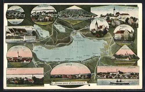 Künstler-AK Eugen Felle: Inning, Landkarte mit See und Ansichten der Umgebungsorte