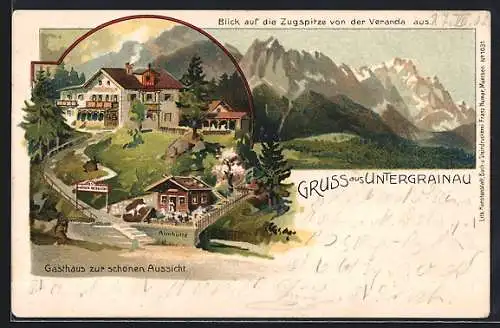 Lithographie Untergrainau, Gasthaus zur schönen Aussicht, Zugspitze