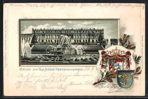 Passepartout-Lithographie Herrenchiemsee, Blick auf das Königliche Schloss, Wappen