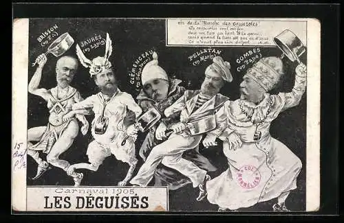 AK Carnaval 1905, Französische Politiker Brisson, Jaurès und Combes in Verkleidung, Karikatur