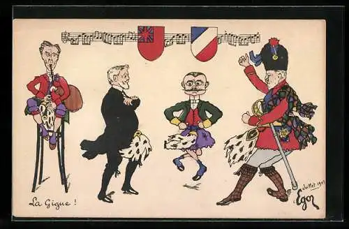 Künstler-AK Karikatur, Präsident Emile Loubet tanzt mit König Edward VII. von England, Wappen