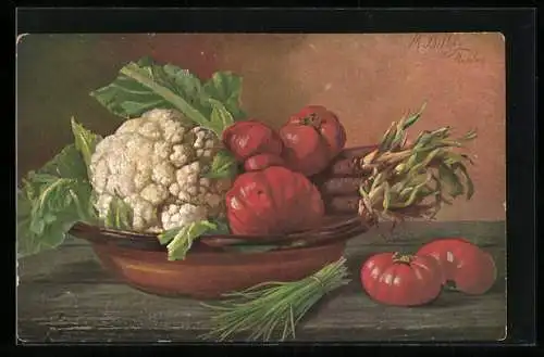 Künstler-AK M. Billing: Stillleben mit Blumenkohl, Tomaten und Schwarzwurzeln