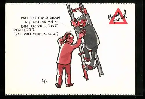 Künstler-AK Mann rät einem Herren auf der Leiter zur Vorsicht, Arbeitsschutzkalender 1962