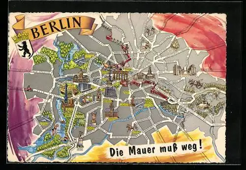 AK Berlin, Die Mauer muss weg, Stadtplan mit Mauer