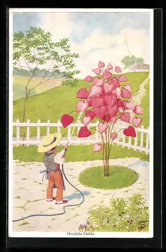 Künstler-AK Bert: Herzliche Grüsse, Junge mit Wasserschlauch giesst einen Baum mit Herzen