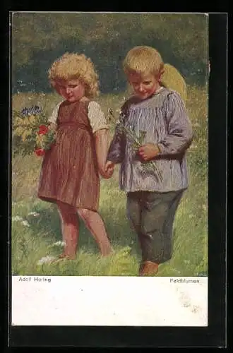 Künstler-AK sign. Adolf Hering: Feldblumen, Junge und Mädchen Hand in Hand auf dem Feld