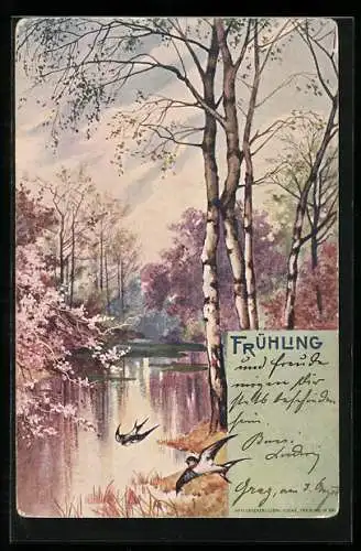 AK Frühling, Landschaft an einem See mit blühenden Bäumen u. Schwalben, Allegorie