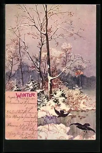 Lithographie L`Hiver, Winterlandschaft mit Raben