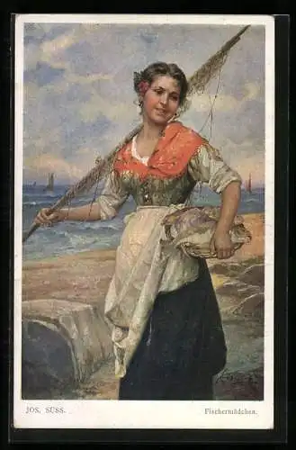 Künstler-AK Josef Süss: Fischerin mit Netz und Fischen