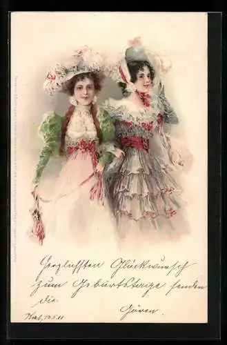 Künstler-AK Meissner & Buch (M&B) Serie 1068: Zwei befreundete elegante Frauen bei einem Spaziergang, Jugendstil