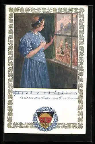 Künstler-AK Karl Friedrich Gsur: Deutscher Schulverein NR.370: Junge Frau schaut aus dem Fenster auf Kavalleristen