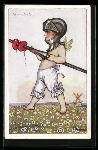 Künstler-AK Adolfo Busi: Kind mit Helm und Lanze als Herzensbrecher, Windmühle im Hintergrund