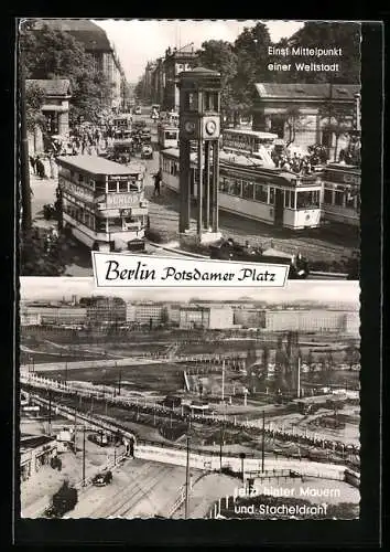 AK Berlin, Potsdamer Platz, Strassenbahn, hinter Mauer und Stacheldraht