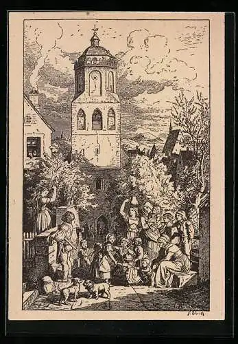 Künstler-AK Ludwig Richter: Kinder spielen des Abends in den Gassen vor der Kirche