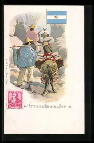 Lithographie La Poste dans la Republique Argentine, Postbote mit einem Maultier, Flagge, Briefmarke