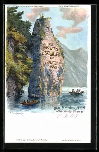 Künstler-AK Vierwaldstättersee, Der Mythenstein von Friedrich Schiller