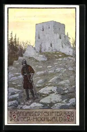 Künstler-AK Ernst Kutzer: Adalbert Stifter Karte Nr. 27, Der Hochwald, Ritter, Burgruine