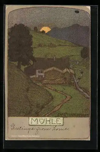 Künstler-Lithographie Ernst Liebermann: Mühle, Odyll mit tief stehender Sonne