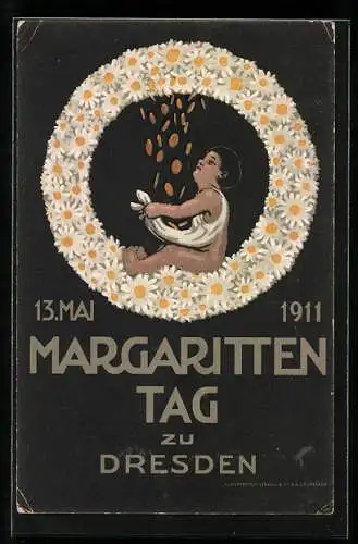 AK Dresden, Margaritten-Tag 1911, Kind im Blumenkranz fängt Geldregen auf