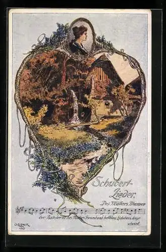 Künstler-AK sign. O. Elsner: Schubertlieder Des Müllers Blumen, Wassermühle, Ansicht in einer Herzform
