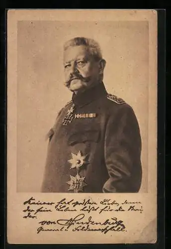 AK Ludendorff-Spende, Paul von Hindenburg, Portrait und Zitat
