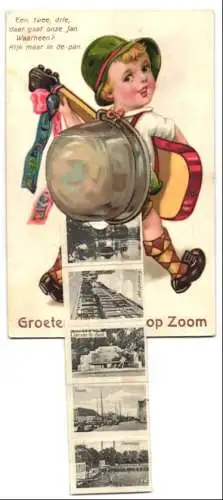 Leporello-AK Bergen ob Zoom, Groote Markt met Stadhuis, Kazerne Markiezenhof, Stadstoren, Gevangenpoort, Volkspark