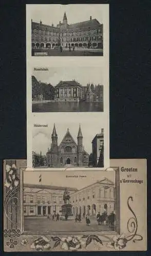 Leporello-AK s`Gravenhage, Koninklijk Paleis, Binnenhof, Mauritshuis, Ridderzaal, Hofvijfer, Schev. Boschjes