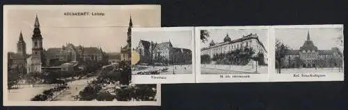 Leporello-AK Kecskemét, Látkép, Muzeum, M. kir. postapalota, Strandfürdö, Városháza, Katona József Szinház