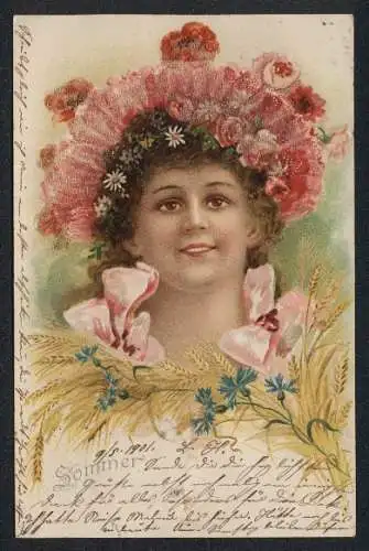 Glitzer-Perl-AK Junge Frau mit rosafarbenem Hut mit Blumen und mit Glitzer-Perlen, Jugendstil