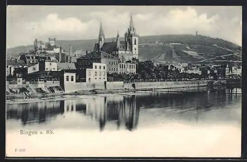 AK Bingen a. Rh., Fluss mit Stadt im Hintergrund