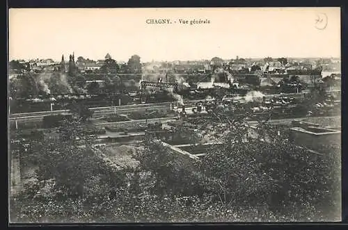 AK Chagny, Vue générale de la ville avec maisons et jardins