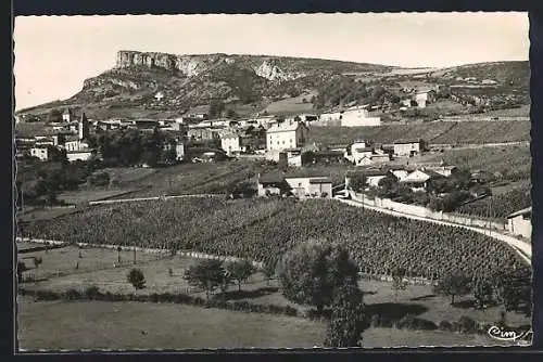 AK Solutré, Vue du village avec falaises et vignobles environnants