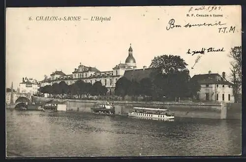 AK Chalon-sur-Saône, L`Hôpital et le quai avec bateaux