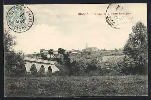 AK Digoin, Paysage de la Motte-Saint-Jean avec pont et village en arrière-plan