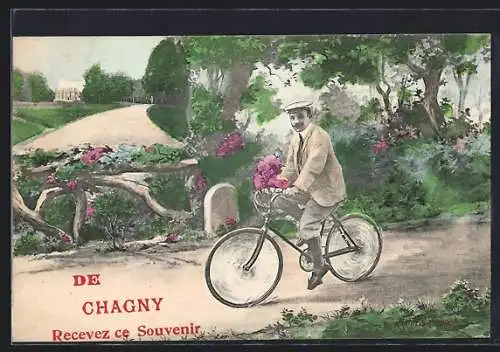 AK Chagny, Homme à bicyclette dans un parc fleuri