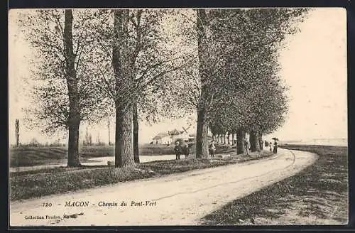 AK Mâcon, Chemin du Pont-Vert et promenade ombragée avec passants et charrette