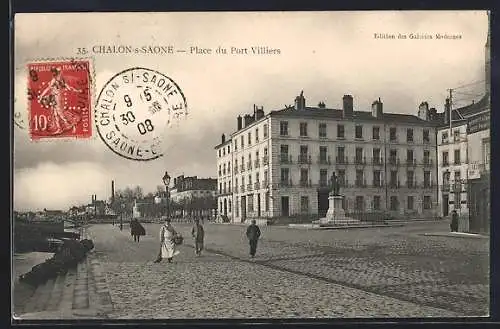 AK Chalon-sur-Saône, Place du Port Villiers avec statue et passants