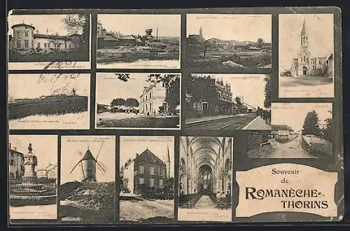 AK Romanèche-Thorins, Souvenir de Romanèche-Thorins mit Kirche, Windmühle und verschiedenen Ansichten des Dorfes