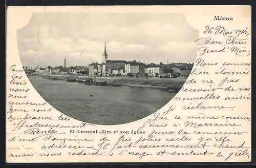 AK St-Laurent, Ain, Vue de l`église et du village au bord de la rivière