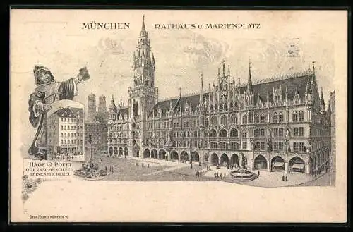 AK Ganzsache PP15 B4: München-Au, Rathaus und Marienplatz, Münchner Kindl, Werbung Hage & Poelt Leinenstickerei