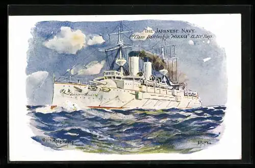 Künstler-AK 1st Class Battleship Mikasa, The Japanese Navy