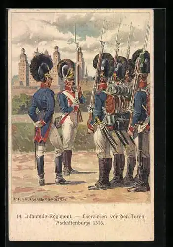 Künstler-AK Anton Hoffmann - München 14. Infanterie-Regiment, Exerzieren 1816, Ganzsache Bayern